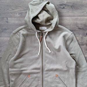 Men's Taylor Stitch Light Green Olive w/ Leather Zip Hoodie Sweatshirt, M